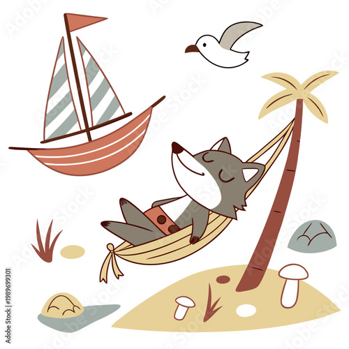 Amused expression on a Wolf in a Beach day theme, with in a hammock – Ocean Breeze vector art