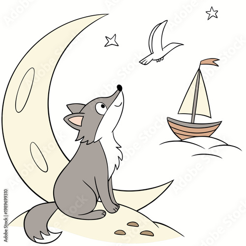 Playful Curious Wolf design, styled with sitting on a moon and Ocean Breeze shades in a Beach day setting