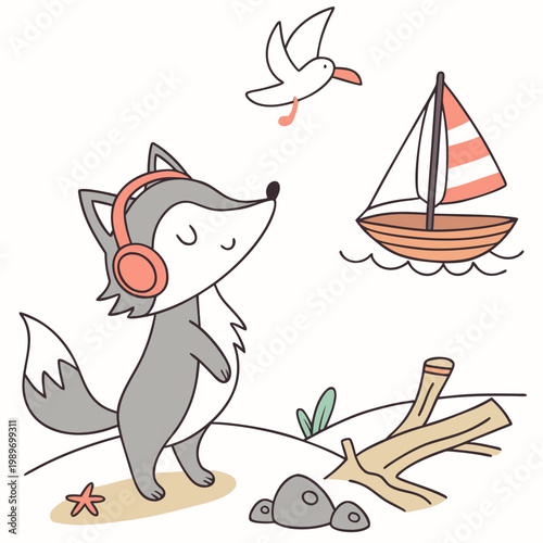 Cute SVG of a Playful Wolf in Ocean Breeze colors, featuring wearing headphones in a Beach day setting