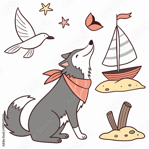 Creative SVG: Funny Wolf with with a scarf in a Ocean Breeze colored Beach day theme