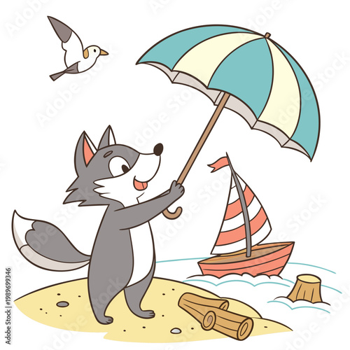 Playful Amused Wolf design, styled with under an umbrella and Ocean Breeze shades in a Beach day setting