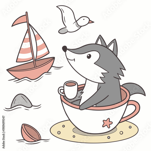 An adorable Wolf with a Amused vibe, in a teacup, and a Ocean Breeze Beach day theme – SVG style