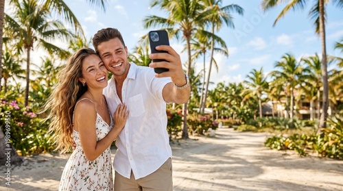 Young couple taking selfie together in tropical beach setting  