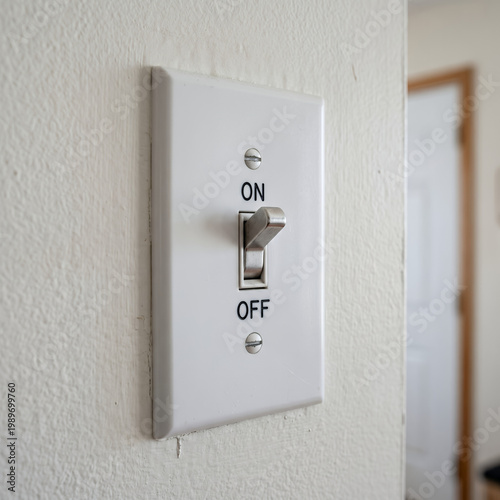 A white plastic electrical light switch and power outlet plate on an interior house wall supply energy to the home when you flip the button to the on position
