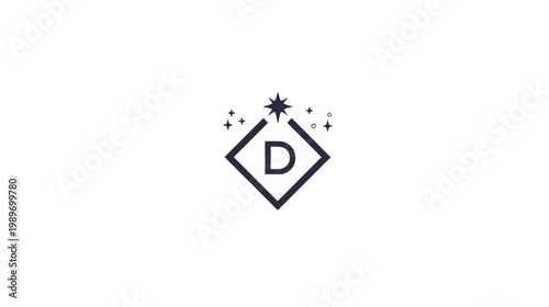 Elegant letter D initial in a geometric diamond shape with a sparkling star. Minimalist graphic design element.