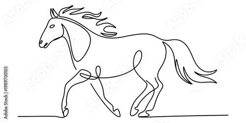 Minimalist continuous line drawing of a galloping horse with flowing mane and tail