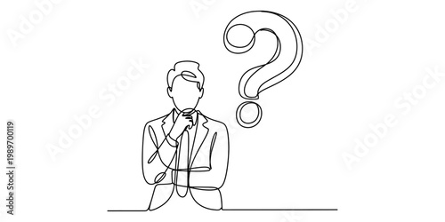 Continuous line drawing of a businessman in a suit thinking with a large question mark next to him.