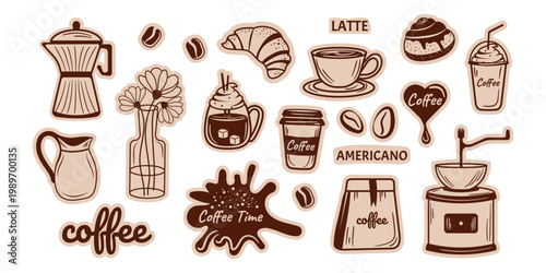 A set of hand-drawn coffee element stickers. Coffee, dessert, breakfast. Vector illustration in doodle style.