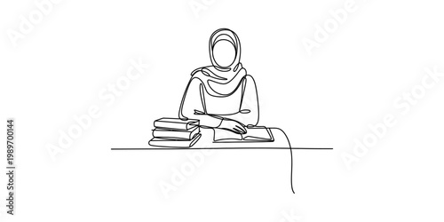 Continuous line drawing of a muslim woman wearing a hijab studying with books at a desk