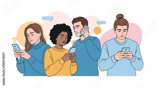 Group of diverse people using their smartphones for social media, calling, and digital communication in a connected world.