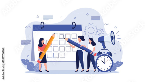 Team of professionals managing schedule on large calendar with giant pencils for project planning and deadline management concept.