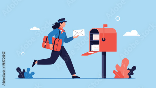 Dedicated postwoman running to deliver an urgent letter into a red mailbox in a peaceful blue outdoor landscape setting.