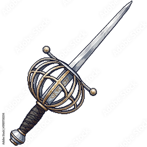 Elegant Pixel Art Rapier Sword with Ornate Hilt on Isolated White Background