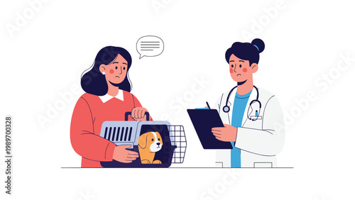 Concerned woman taking her unhappy puppy in a carrier to a professional veterinarian for a medical checkup and consultation.