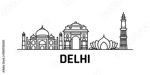 Minimalist line art illustration featuring iconic landmarks of delhi city skyline in india.