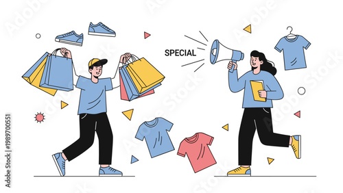 Energetic shopping scene showing people with many bags responding to a special sale announcement through a megaphone.