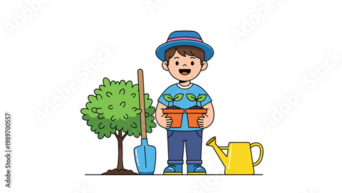 Young boy wearing a hat and gardening clothes happily holding potted seedlings next to a tree and watering can.