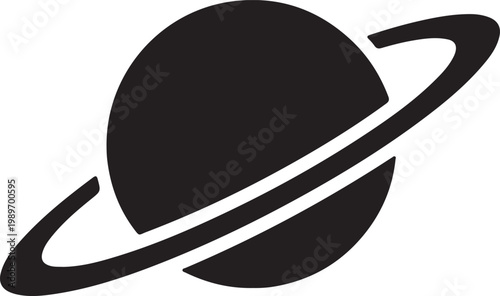 A black and white illustration of a planet with a ring