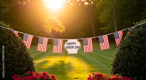 Festive patriotic celebration american flags and bunting along a sunny garden path