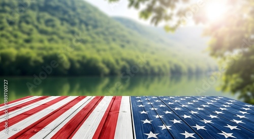 Patriotic landscape american flag with mountain and sky backdrop celebrating freedom and nature