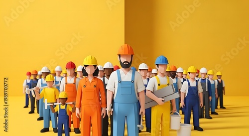 A crowd of blocky construction workers standing together in a vibrant yellow studio setting