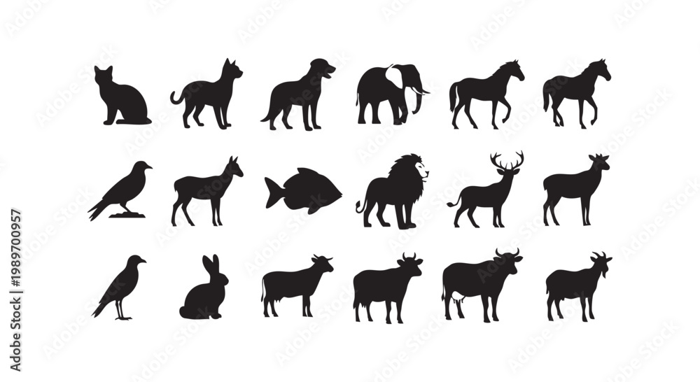 Fototapeta premium Animal silhouettes collection featuring wild and domestic creatures on white background vector illustration.