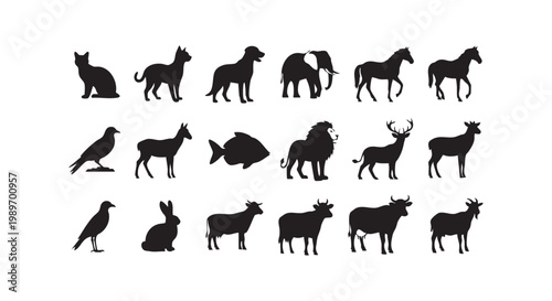 Animal silhouettes collection featuring wild and domestic creatures on white background vector illustration.