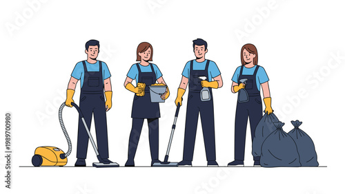 Professional cleaning team standing together with various tools like a vacuum cleaner and spray bottles for home service.