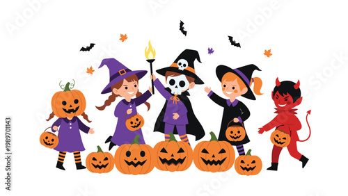 Group of happy children wearing various halloween costumes like a witch skeleton and devil while trick or treating.