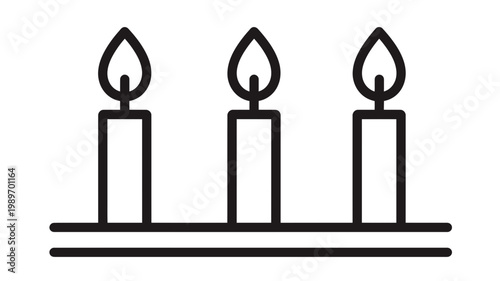 Three minimalist lit candles line icon for celebration, birthday, remembrance, or spiritual concepts on a white background.
