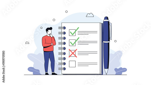 Thinking man standing next to a giant notebook checklist with completed and incomplete tasks for project management.