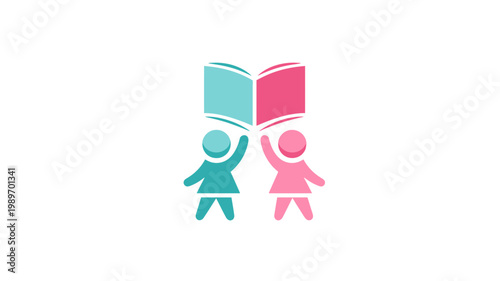 Vibrant icon of two stylized figures holding an open book, symbolizing education, knowledge sharing, learning, and community support.