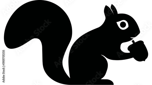 Black Squirrel Silhouette Holding Acorn Vector Icon. Forest Animal Graphic Design Element. Nature Wildlife Illustration.