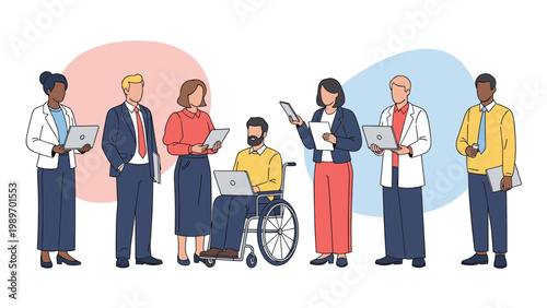 Diverse group of professionals from various industries including a man in a wheelchair using laptops and tablets in a modern office.
