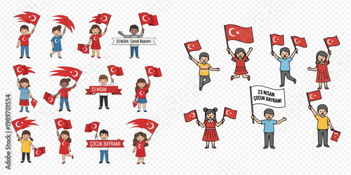 Set of Turkish Children's Day illustrations with kids holding flags and banners, celebrating national holiday.