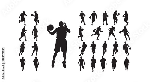 Basketball player silhouette pack including various action poses with ball isolated on white background for sports design.