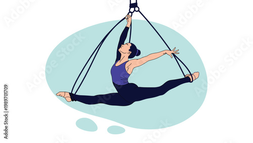Graceful female athlete performing an aerial split pose using hanging ropes in a fitness studio for strength and flexibility.