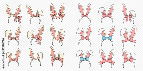 Collection of various cute Easter bunny ear headbands with bows, perfect for holiday celebrations and costume accessories.