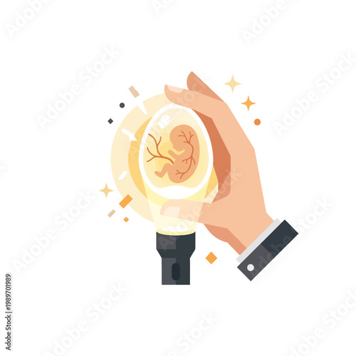 Egg candling icon with hand and light, simple poultry inspection flat design
