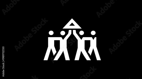 Teamwork, collaboration, and unity concept with five stylized people supporting a geometric triangle. Abstract group cooperation graphic.