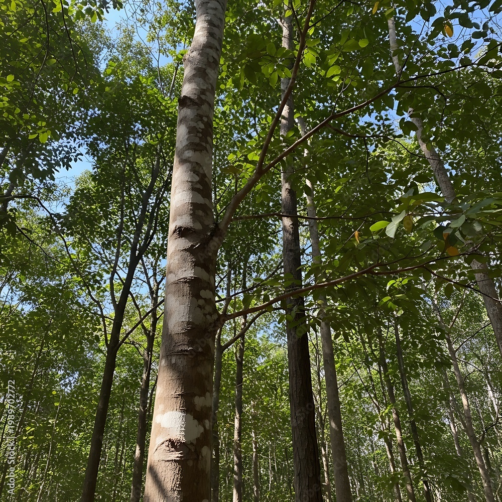 Fototapeta premium Sunlight filtering through tall trees in a lush forest