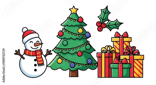 Festive christmas scene with snowman tree holly and presents