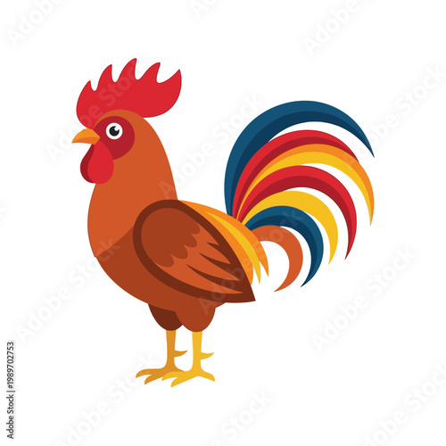 Rooster icon with large comb and curved tail, simple flat vector farm poultry bird.