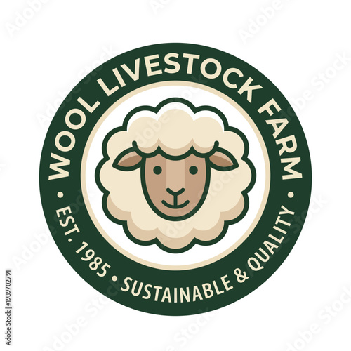 Sheep farm logo with fluffy sheep head in circular badge, simple livestock branding vector.
