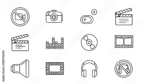 movie icons set Multimedia line icon set camera controls clapper disc headphone film outline vector editable stroke