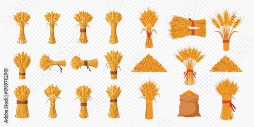 Collection of wheat and hay bundles with various agricultural elements.