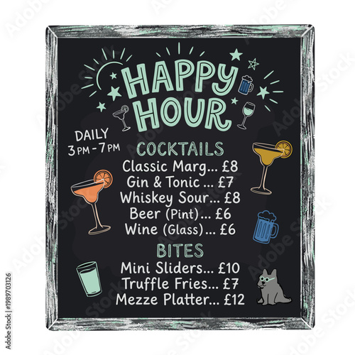 Chalk menu with happy hour written on board in flat style cafe sign with decorative lettering and dark background - bar promotion