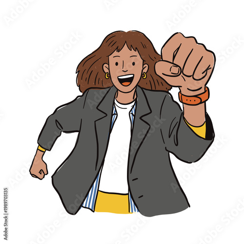 Mixed Race woman celebrating success raising fist in flat style illustration with energetic pose and bright colors - victory empowerment confidence