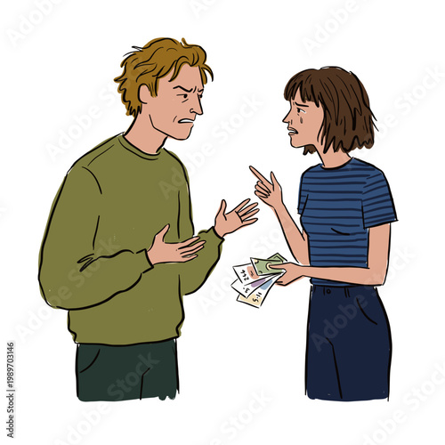 Couple arguing over finances in flat style illustration close interaction with bills and emotional tension in soft tones - relationship dispute stress money problem