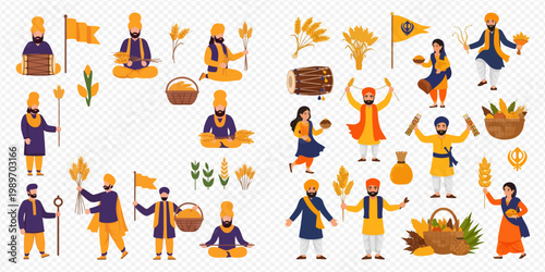 Collection of Baisakhi festival elements and characters celebrating the Sikh new year and harvest season.